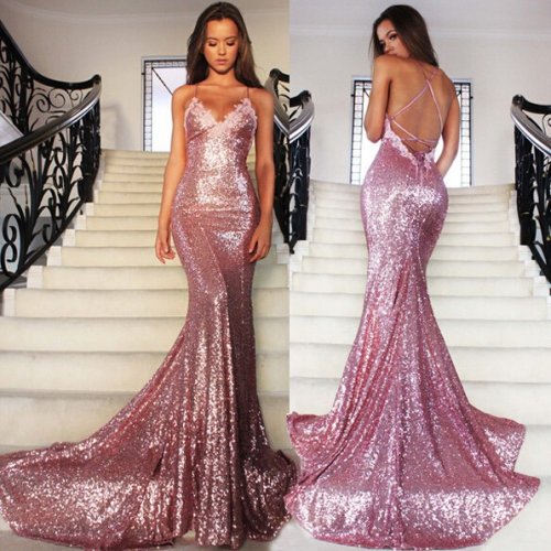 Mermaid Spaghetti Straps Backless Rose Pink Sequined Prom Dress