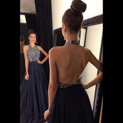 Sexy Black Backless Halter Long Prom Dress with Beaded