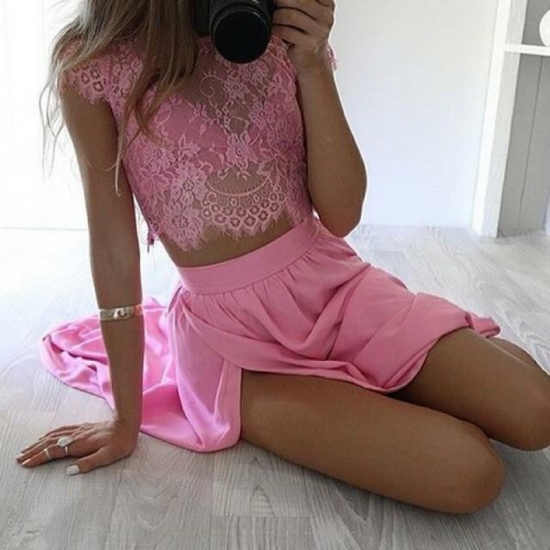 Two Piece Round Neck Cap Sleeves Fuchsia Split Side Prom Dress - Click Image to Close