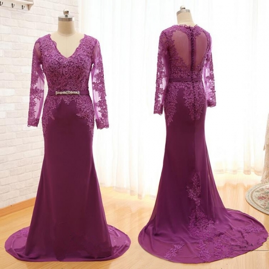 Honorable V-Neck Long Mermaid Maroon Mother of the Bride Dresses with Appliques - Click Image to Close