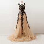 Dramatic Long Dark Champagne Tulle Prom Gown with Black Lace