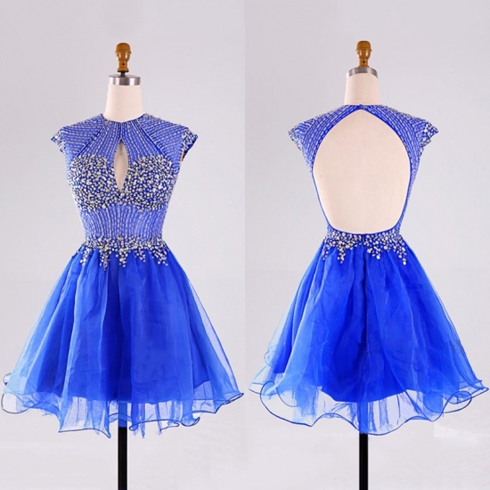 New Arrival Jewel Organza Sky Blue Open Back Homecoming Dresses Beaded Rhinestones - Click Image to Close