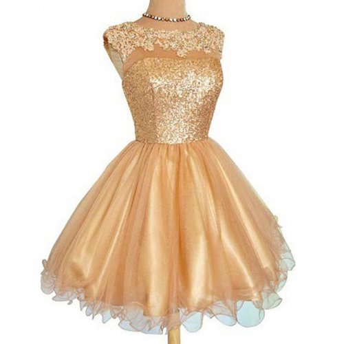 Bateau Gold Sequins Homecoming Dress with Appliques Illision Open Back