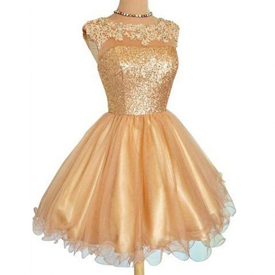 Bateau Gold Sequins Homecoming Dress with Appliques Illision Open Back - Click Image to Close