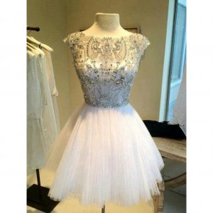 Cute Bateau Cap Sleeves Open Back White Short Homecoming Dress with Beading Rhinestones