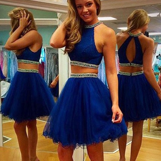 Chic Jewel Sleeveless Two-piece Open Back Royal Blue Beaded Homecoming Dress - Click Image to Close