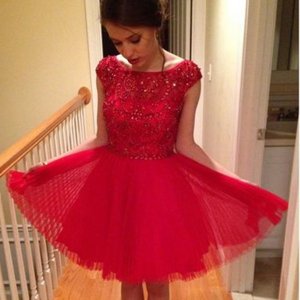 Fabulous Bateau Cap Sleeves Short Red Homecoming Dress with Beading