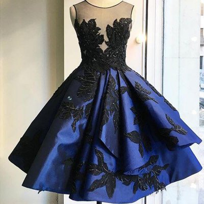 Elegant Illusion Neck Open Back Royal Blue Homecoming Dress with Black Appliques