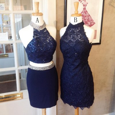 Stunning Two Piece Halter Navy Blue Sheath Homecoming Dress with Beading Lace