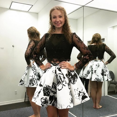 Elegant 2 Piece Long Sleeves Black Short Homecoming Dress with Lace Beading Printed