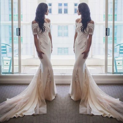 Elegant Off Shoulder Court Train Mermaid Wedding Dress with Lace Half Sleeves