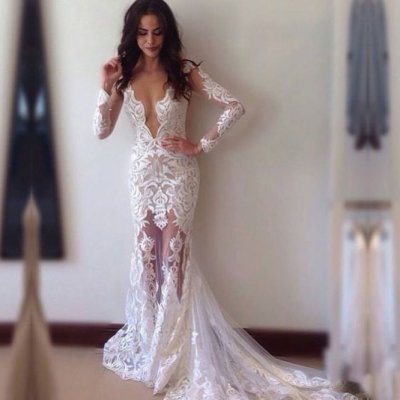 Sexy Sheath Lace Wedding Dress Bridal Gown with Court Train Deep V-neck Long Sleeves