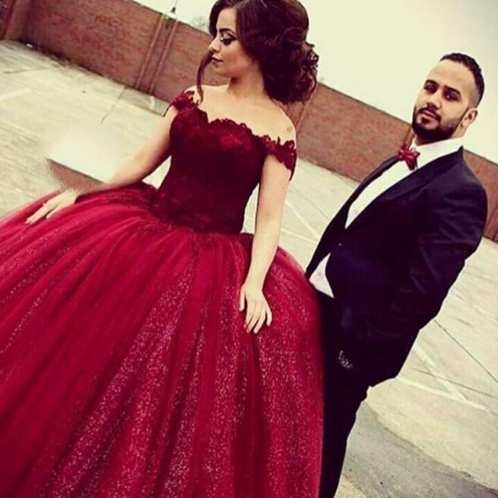 Dramatic Burgundy Long Prom Dress - Ball Gown Off-the-Shoulder Sleeveless Lace - Click Image to Close