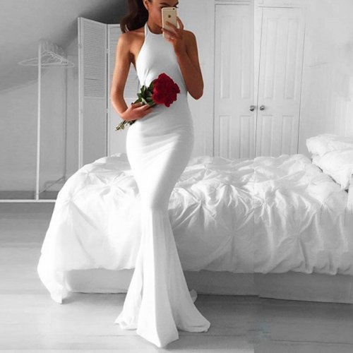 Modern White Mermaid Style Prom Dress - Halter Backless Sweep Train