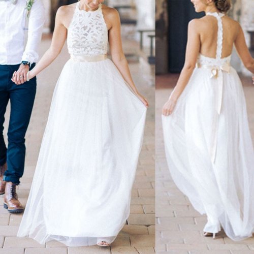 Simple White A-Line Halter Sleeveless Lace Long Bridesmaid Dress/Wedding Dress with Sash