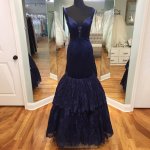 Fabulous Mermaid Navy Blue Prom Dress - V-neck Floor-Length Sleeveless with Tiered Lace