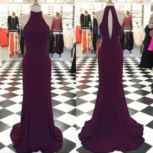 Simple Grape Prom Dress - Jewel Sleeveless Sweep Train Open Back