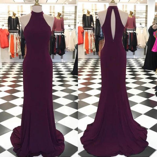 Simple Grape Prom Dress - Jewel Sleeveless Sweep Train Open Back - Click Image to Close