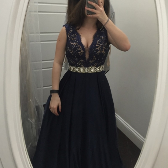 Stunning Navy Blue Prom Dress - V Neck Sleeveless Long with Lace Beaded - Click Image to Close