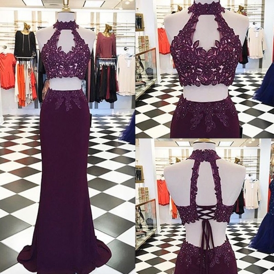 Decent Two Piece Grape Mermaid Prom Dress - High Neck Keyhole Open Back Lace-up Appliques Beading - Click Image to Close