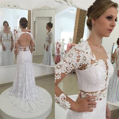 Modern Sheath Long Lace Wedding Dress - Scoop Long Sleeves Open Back with Pearls