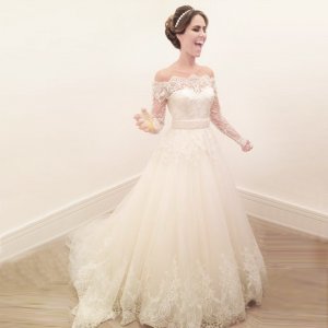 A-line Off-the-Shoulder Long Sleeves Sweep Train Appliques Wedding Dress