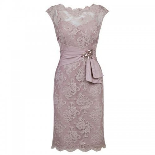 Sheath Scalloped-Edge Short Cap Sleeves Grey Lace Mother of The Bride Dress