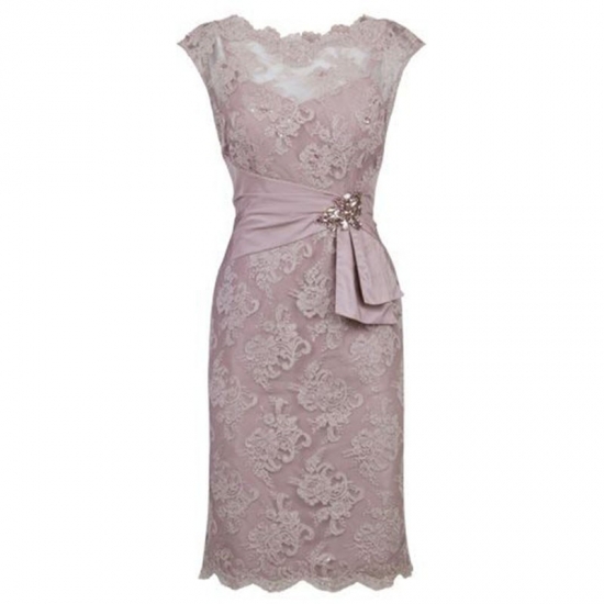 Sheath Scalloped-Edge Short Cap Sleeves Grey Lace Mother of The Bride Dress - Click Image to Close