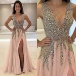 A-Line V-Neck Sweep Train Champagne Chiffon Prom Dress with Beading
