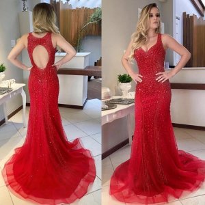 Red Sheath Scoop Sweep Train Open Back Prom Dress with Beading