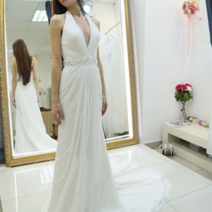 A-line Halter Backless Court Train Wedding Dress with Beading