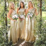 Sheath Bridesmaid Dress - One Shoulder Gold Sequined Sweep Train