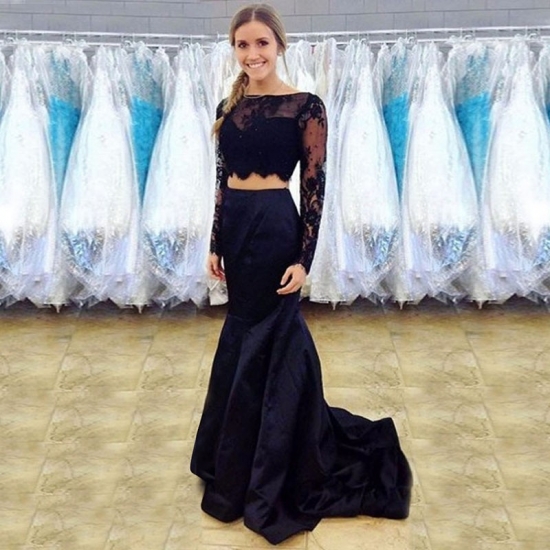 Two Piece Mermaid Bateau Long Sleeves Black Satin Prom Dress with Lace Beading - Click Image to Close