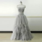 A-Line Strapless Long Tiered Grey Tulle Prom Dress with Beading
