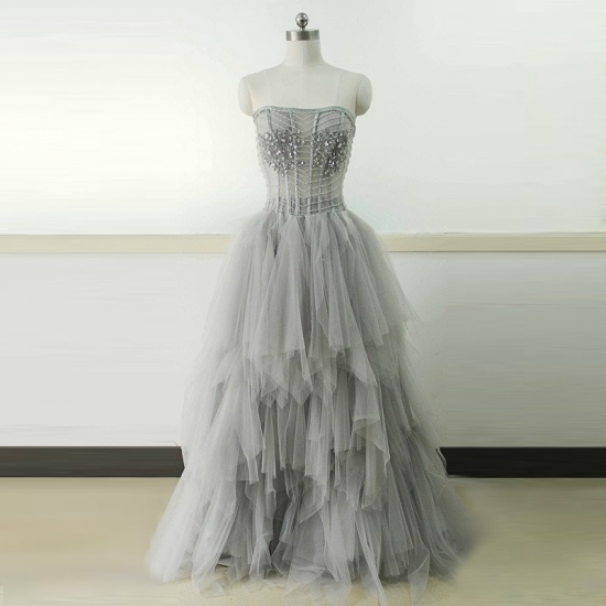 A-Line Strapless Long Tiered Grey Tulle Prom Dress with Beading - Click Image to Close