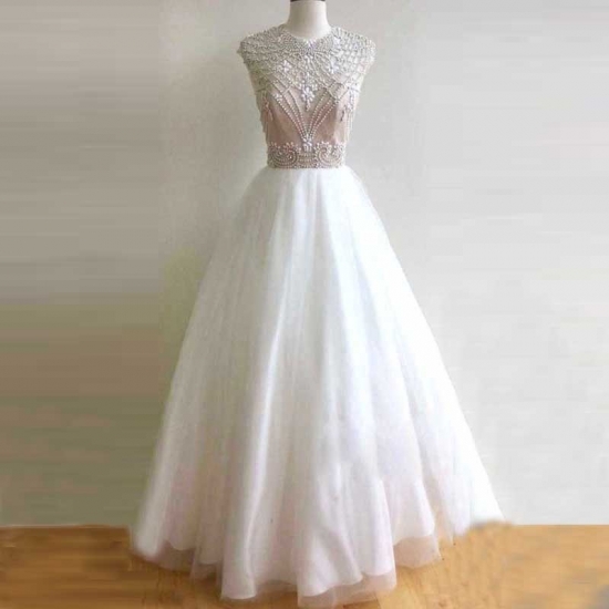 Ball Gown Jewel White Tulle Prom Dress with Beading Open Back - Click Image to Close