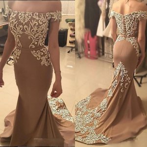 Mermaid Off Shoulder Long Elastic Satin Prom Dress with Sash Beading Appliques