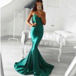 Mermaid Spaghetti Straps Sweep Train Hunter Elastic Satin Prom Dress