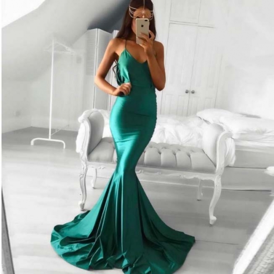 Mermaid Spaghetti Straps Sweep Train Hunter Elastic Satin Prom Dress - Click Image to Close