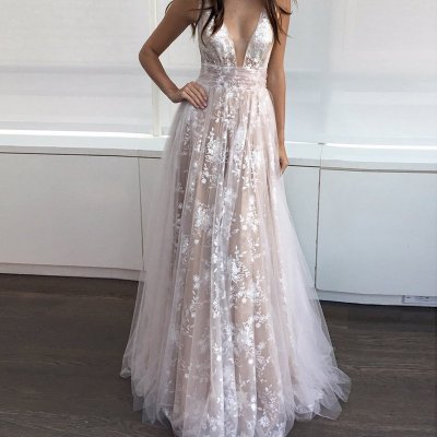 A-Line Deep V-Neck Long Backless Champagne Tulle Prom Dress with Lace