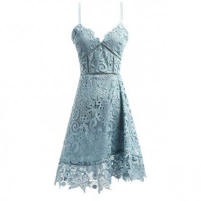 A-Line Spaghetti Straps Knee-Length Blue Lace Prom Homecoming Dress