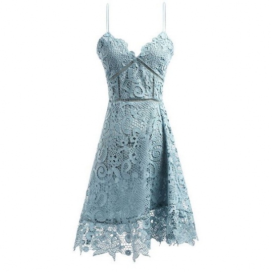 A-Line Spaghetti Straps Knee-Length Blue Lace Prom Homecoming Dress - Click Image to Close