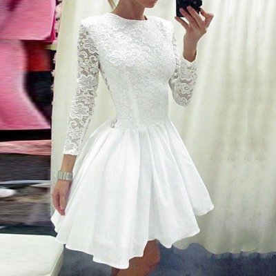 A-Line Jewel Long Sleeves White Short Chiffon Prom Dress with Lace