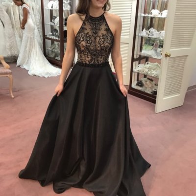 A-Line Jewel Long Black Satin Prom Dress with Lace Beading