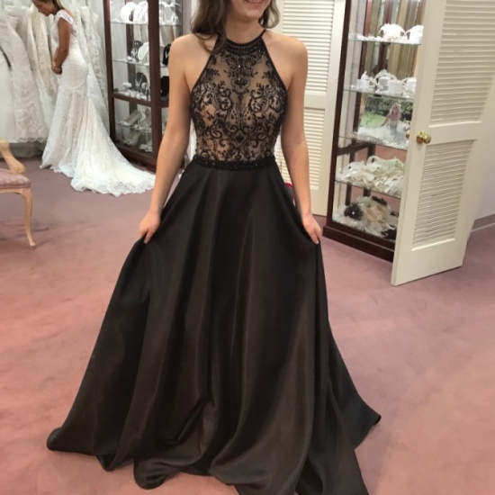 A-Line Jewel Long Black Satin Prom Dress with Lace Beading - Click Image to Close