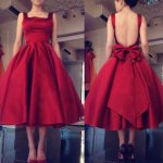Ball Gown Square Backless Mid-Calf Burgundy Satin Prom Dress with Bowknot
