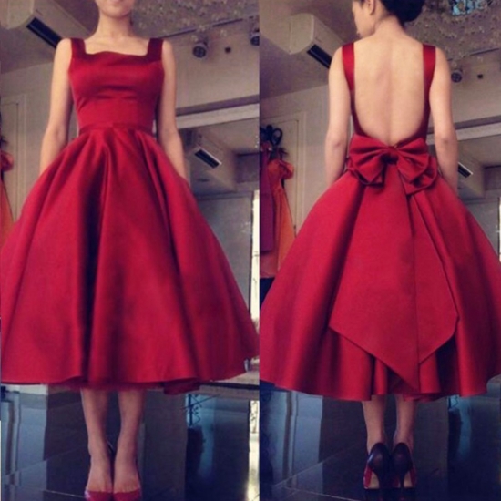 Ball Gown Square Backless Mid-Calf Burgundy Satin Prom Dress with Bowknot - Click Image to Close
