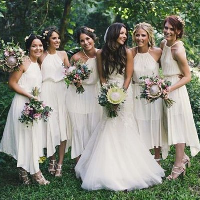 A-Line Asymmetrical Jewel White Chiffon Bridesmaid Dress Open Back