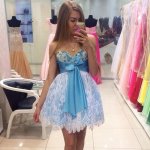 Ball Gown Sweetheart Short Blue Lace Beaded Homecoming Dress with Bowknot