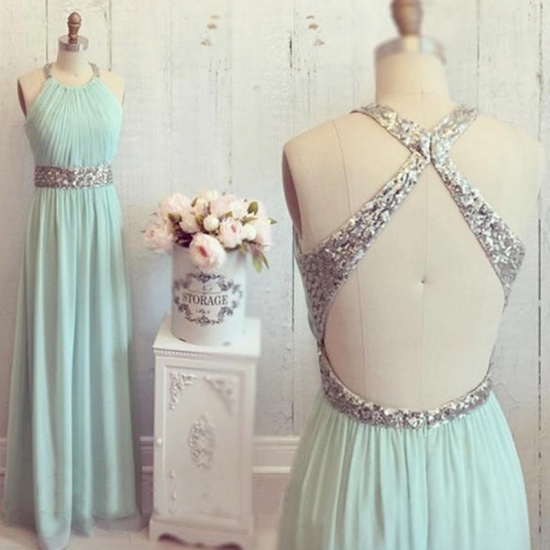 A-Line Round Neck Open Back Mint Green Chiffon Prom Dress with Sequins - Click Image to Close